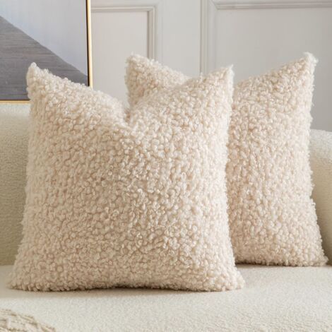 Lot de 2 housses de coussin décoratives en fausse fourrure de sherpa, taies d'oreiller pelucheuses et douces, en peau de mouton, pour canapé, sofa, lit, salon, 45 x 45 cm, beige (1/4)