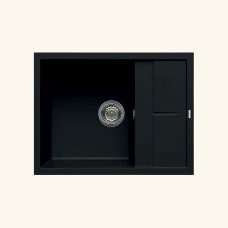 Évier en granit noir 65x50 cm – 1 bac réversible avec petit égouttoir – Équipement inclus : bonde, siphon, tuyaux d'évacuation – Luisina (1/3)