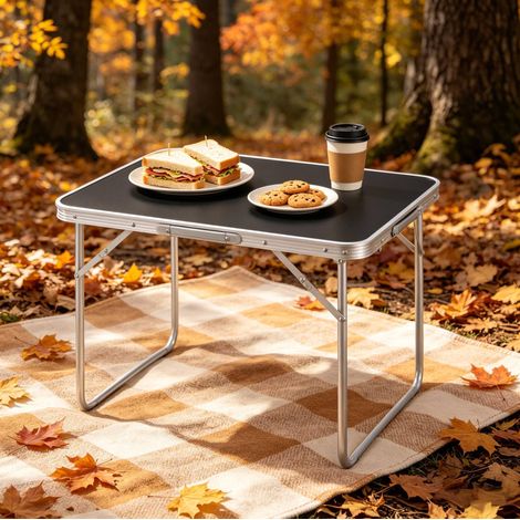 Tavolo pieghevole da campeggio 70x60x50 cm, leggero, portatile, resistente, con maniglia, MDF, alluminio, nero (1/5)
