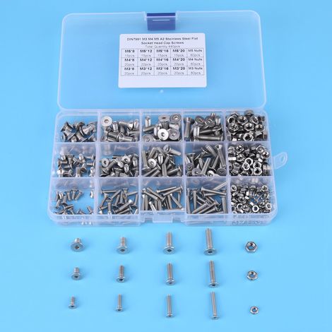 440-teiliges Set mit Innensechskantschrauben und Muttern aus Edelstahl, M3, M4 und M5, mit Flachkopf. (1/5)