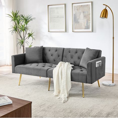 Sofá de 2 plazas de terciopelo gris, respaldo reclinable en 3 posiciones, 2 cojines (1/5)