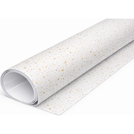 Film de protection de table en PVC silicone transparent, motif terrazzo blanc avec incrustations or et argent, 160 x 100 cm, 0,6 mm, imperméable, souple et facile à nettoyer. (1/5)