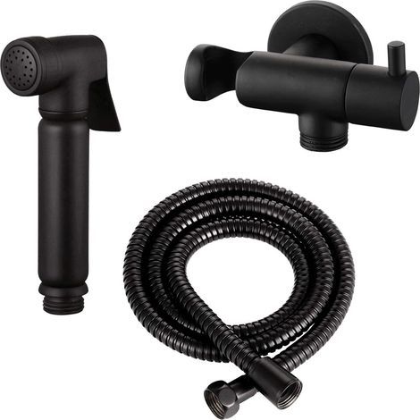 Bidet-Duschset aus mattschwarzem Messing, integriertes Absperrventil, 120 cm Metallschlauch, Wandhalterung, Badezimmer (1/5)