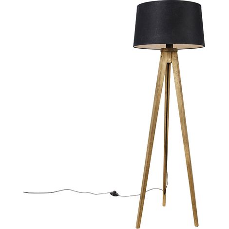 Rustic Tripod Vintage Wood with Black Linen Lampshade 45 cm - Tripod Classic