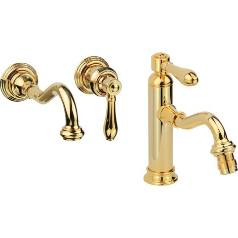 Set miscelatori lavabo a parete e bidet modello retrò colore oro Gattoni Oxford KITOXFORDD03