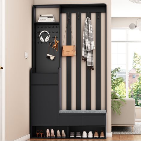 Guardaroba da ingresso 100x35x180 cm nero in MDF con panca imbottita, pannello forato, cassetto e 4 ganci (1/5)