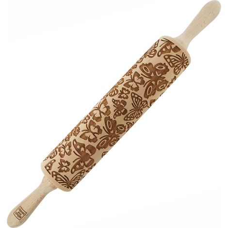 Rodillo de madera MoodForWood, grabado, 43 cm con asas, perfecto para hornear - Diseño de mariposas (1/5)