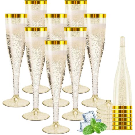 Lot de 60 flûtes à champagne en plastique - 150 ml - Bords dorés et paillettes - Réutilisables - Pour anniversaire, mariage, fête, pique-nique, extérieur - Doré (1/5)