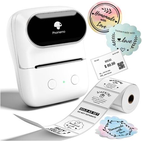 Imprimante d'étiquettes M108 Bluetooth Auto-adhésive Thermique - Imprimante d'étiquettes Portable pour Codes-Barres, Vente au détail, Bureau, Compatible avec téléphones et système PC - Blanc (1/5)
