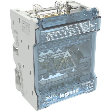 Legrand – Répartiteur tétrapolaire modulaire 100A – 4 modules – Intensité 100A – Tension 400V – 400405