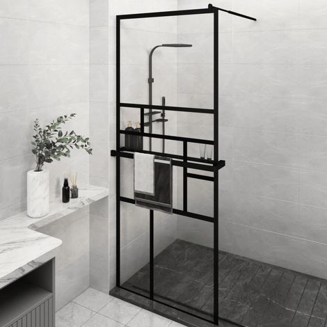 Mampara ducha con estante vidrio ESG y aluminio negro 80x195 cm