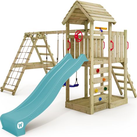 Wickey Torre gioco RocketFlyer con altalena e scivolo, torre da arrampicata con sabbiera, scala e accessori da gioco - blu pastello