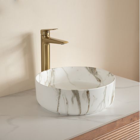 Lavabo rond à poser 36 cm en céramique effet pierre, blanc mat, vasque seule (1/5)