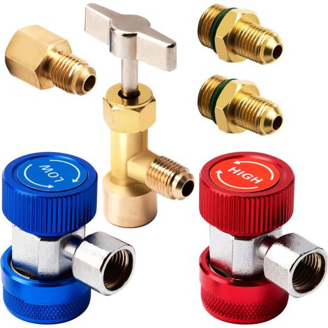 Car Air Jeu d'outils, AC R134A Coupleurs Rapides Adaptateurs R134A Can Tap avec Adaptateur de réservoir pour Distributeur de réfrigérant 1/4 Pouces. et 1/2 Pouces Montage AC Tuyau de jauge (1/5)
