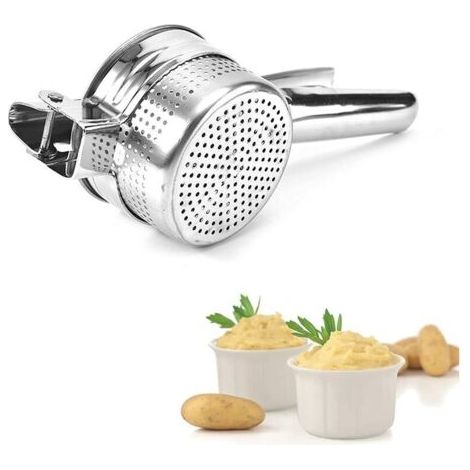 Presse-purée multifonction en acier inoxydable pour purée de pommes de terre, fruits, légumes, presse-ail et pommes, passe au lave-vaisselle 26,7x10,2x7cm 001 (1/4)