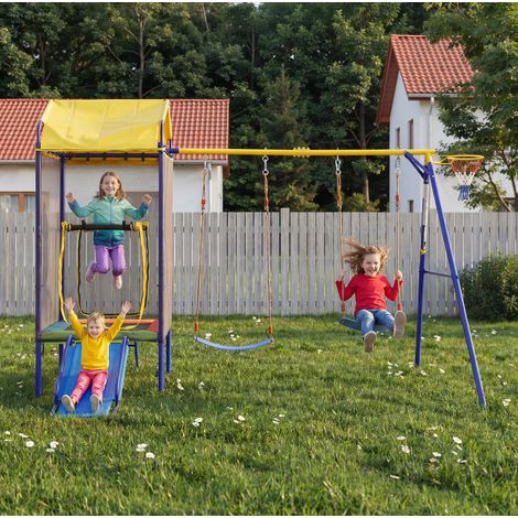 Area giochi esterna per bambini 4-in-1 con trampolino, altalena e scivolo DESVIAE (1/5)