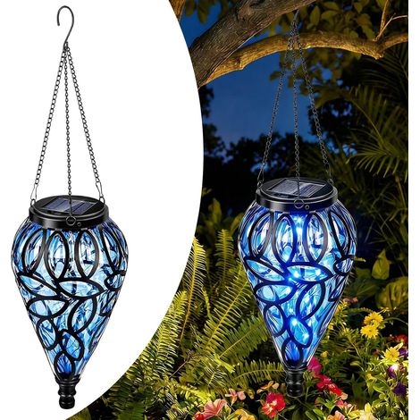 solaire de jardin – Lanterne solaire étanche à suspendre avec 20 lumières LED, lumières solaires décoratives bleues en métal pour terrasse, balcon, cour, allée et tonnelle (1/5)