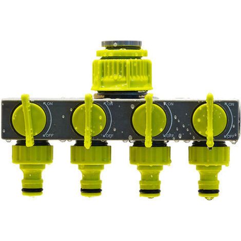 SABIR Connecteur de tuyau d'arrosage à 4 voies, connecteur de tuyau, distributeur d'eau avec 4 interrupteurs indépendants pour système d'arrosage de robinet extérieur (vert et gris) (1/5)
