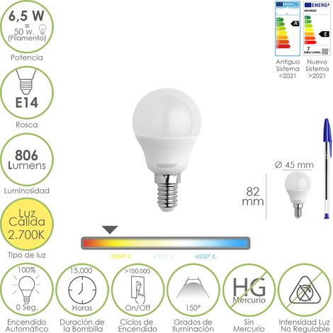 Bombilla Led Esfera Rosca E14. 6.5 Watt. Equivale A 50 Watt. 806 Lumenes. Luz Calida 2700º K.