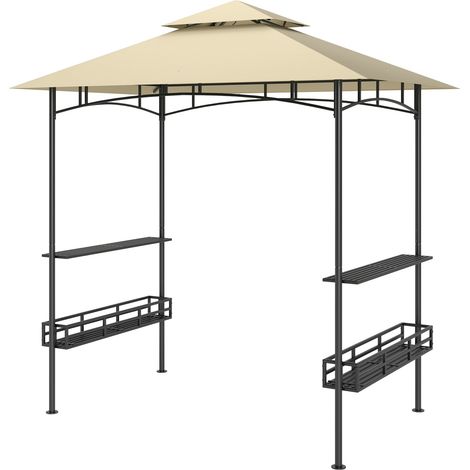 Pabellón para barbacoa 240 x 150 x 257 cm Pabellón de jardín impermeable y ignífugo con doble techo, estantes laterales, cenador con protección UV, Pabellón para barbacoa de acero, Carpa para barbacoa