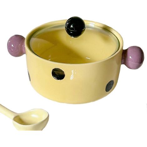 Suppenschüssel aus Keramik mit Polka-Dots und Deckel, praktische Nudelschüssel, Suppenschüssel aus Porzellan mit zwei Henkeln, Spiralnudelschüssel (1/5)
