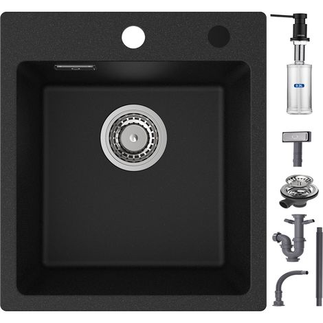 Cecipa Évier Quartz Noir 40x45cm + Distributeur de Savon, Évier de Cuisine en Quartz Évier de Cuisine en Granit, Evier Encastré 1 Bac (1/5)