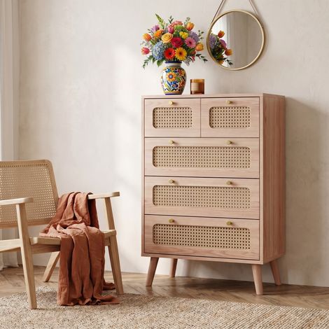 Chiffonnier 5 tiroirs 60x34x91 cm - chiffonnier de rangement avec effet rotin tressé,poignées dorées,meuble de rangement style bohème pour chambre et salon - rotin et mdf - naturel