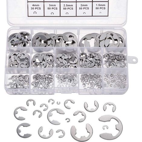 Circlips Extérieurs Acier Inoxydable 304 - Lot de 400 Pièces Dimensions 1,5 à 15 mm - Pour Assemblage Mécanique, Réparation et Maintenance (1/4)