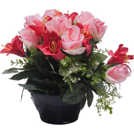 Vasque de Rose, Lys et mini fleurs Rose fushia artificiels pour la toussaint - couleur: Rose fushia 730