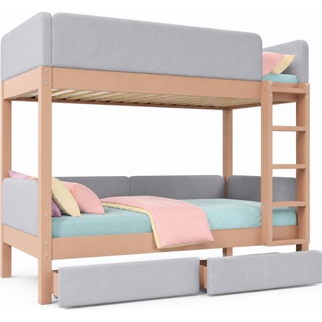 Lit superposé enfant 90x200 cm gris, avec deux tiroirs, échelle droite 4 marches, bords anti-chocs doux, sommier à lattes stable - CHICFURN (1/5)