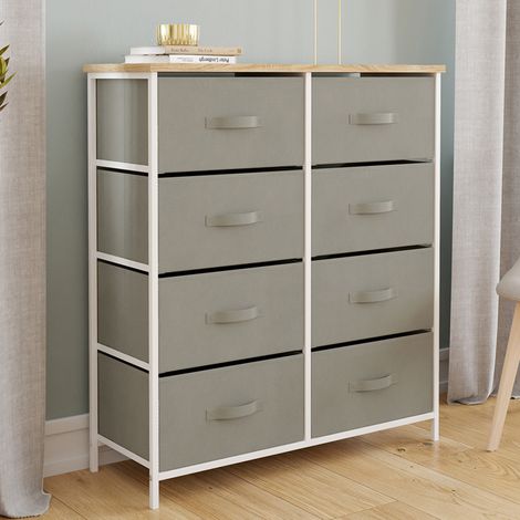 Arcón ALTA 80 cm 8 cajones en tejido gris claro con tapa de diseño industrial efecto madera (1/5)