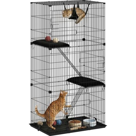 PawHut 3-Tier Large Cat Cage Indoor, Detachable Metal Wire Kennel w/ Hammock