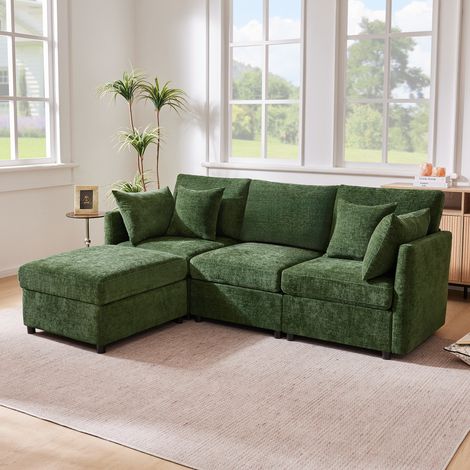 Ecksofa Chenille Olivgrün modular mit Hocker, 216x161x81 cm, 3-4 Sitzer