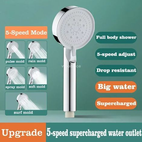 Pommeau de douche Turbo (argenté) : jet puissant, haute pression, effet pluie, 5 modes, ensemble de pommeau de douche universel (1/5)