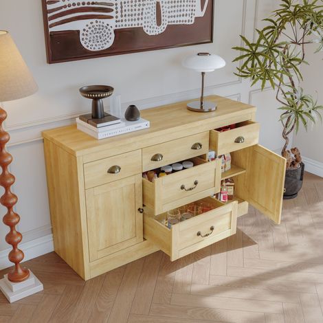 Credenza archivio in legno naturale 135×40×80 cm, 5 cassetti e 2 ante, mensole regolabili, per sala da pranzo, soggiorno e ingresso (1/5)