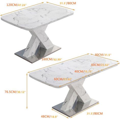 Table à manger - Extensible - Marbre blanc - Pied en X - MDF et métal (1/5)