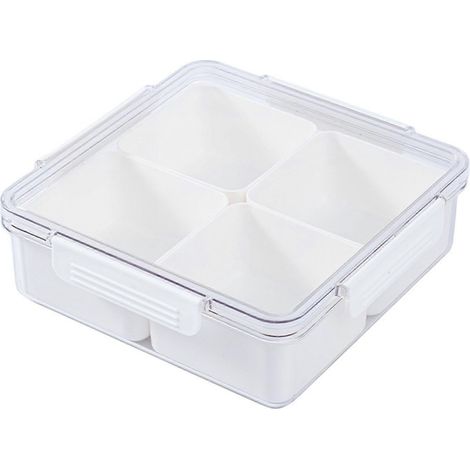 Boîte à goûter carrée, transparente et multifonctionnelle à 4 compartiments, fermeture hermétique, idéale pour le bureau. (1/5)
