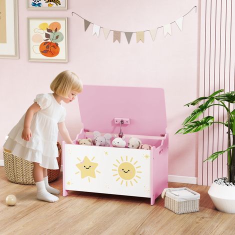 Coffre à jouets avec couvercle. coffre de rangement enfant avec charnières de sécurité. 60 x 37 x 39 cm. rose