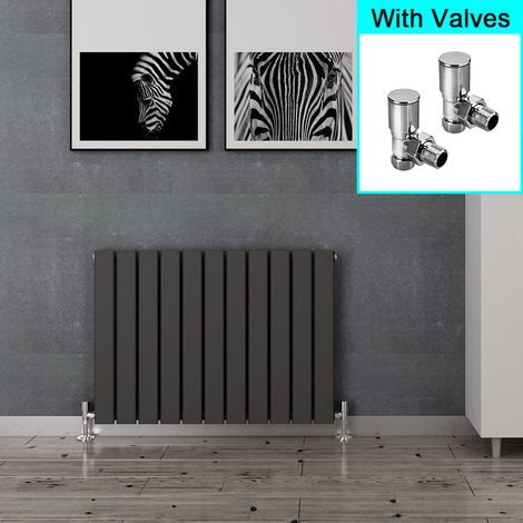 ELEGANT 600 x 836 mm Anthracite Horizontal Radiator Modern Horizontal Column Rads Single Flat Panel Radiator Heater + Angled Radiator Valves (1/5)