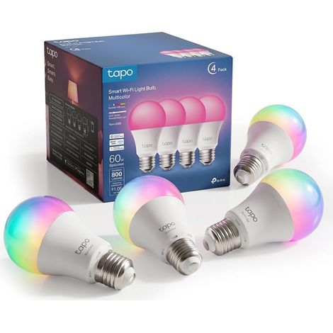 Ampoule Connectée WiFi, Ampoule LED E27 Multicolore 2500K-6500K, Dimmable 8.7 W (équivalent 60W) 806Lm, Compatible avec Alexa et Google Home, Economie d'énergie, Aucun hub requis, L530E(4-pack) (1/5)