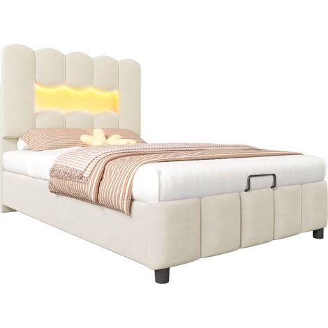 Polsterbett mit Stauraum 90 x 200 cm aus Samt, Einzelbett mit LED und Verstellbarem Kopfteil, ohne Matratze, Beige (1/5)