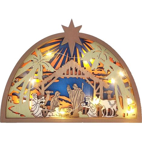 Crèche De Noël - Décoration En Résine Avec Lumière Led - Pour Étagères Et Tables - 18,2 X 13,2 X 2,5 Cm - 1 Pièce (1/5)