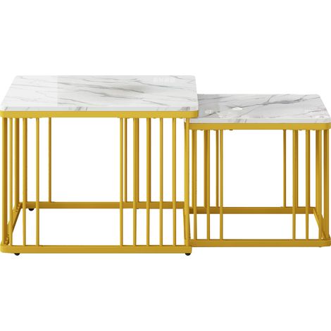 Set de 2 mesas de centro cuadradas efecto mármol blanco con patas doradas (1/5)