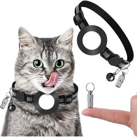 ZOLGINAH Cat Airtag Collar, Collar reflectante para gatos con campana, Etiqueta de identificación de etiqueta de nombre, Soporte impermeable, Hebilla de seguridad, Ajustable 18-27cm-negro (1/5)