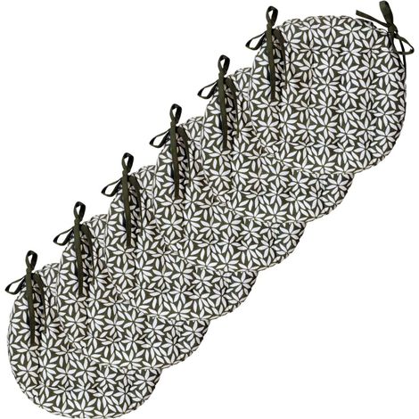 Atout Lot de 6 Galettes de Chaise Rondes Bicolores D.40cm, Kaki imprimé/uni