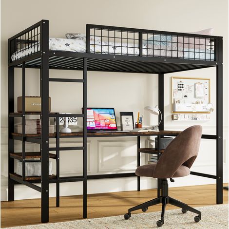 Litera 90/200 cm negra con escritorio, estantes y escalera de 4 peldaños (1/5)