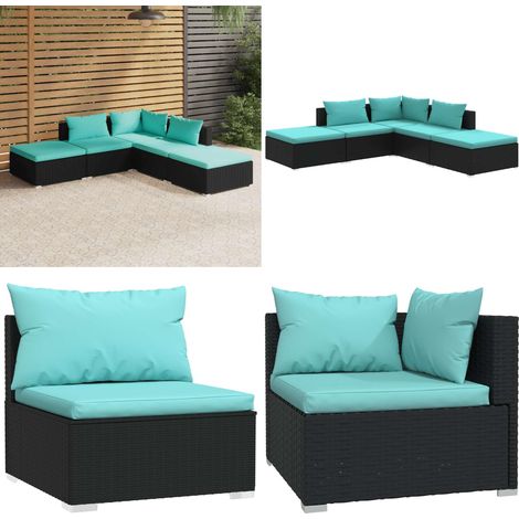 Set Divani da Giardino 5 pz con Cuscini in Polyrattan Nero - Divano angolare - Divano centrale