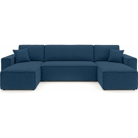 Canapé panoramique d'angle FARAH convertible avec rangement en tissu - Bleu foncé (1/5)