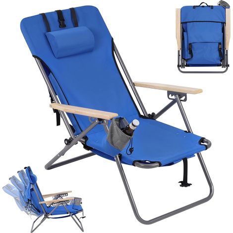 Woltu – Chaise de camping pliante 600D Oxford – Accoudoirs en bois massif – Coussin de tête – Dimensions 69x56x80cm – Capacité 150kg – Bleu (1/5)
