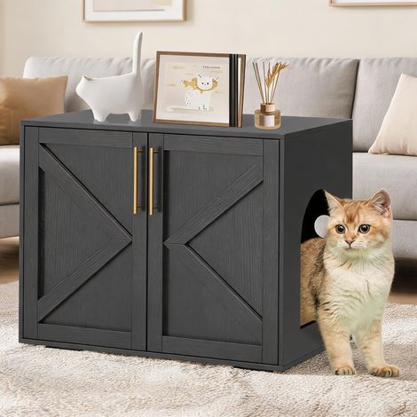 Armoire cache-litière pour chat en bois – Double compartiment pratique – Style rustique avec portes de grange – Idéal pour masquer la litière et organiser l’espace – Couleur : Noir (1/5)